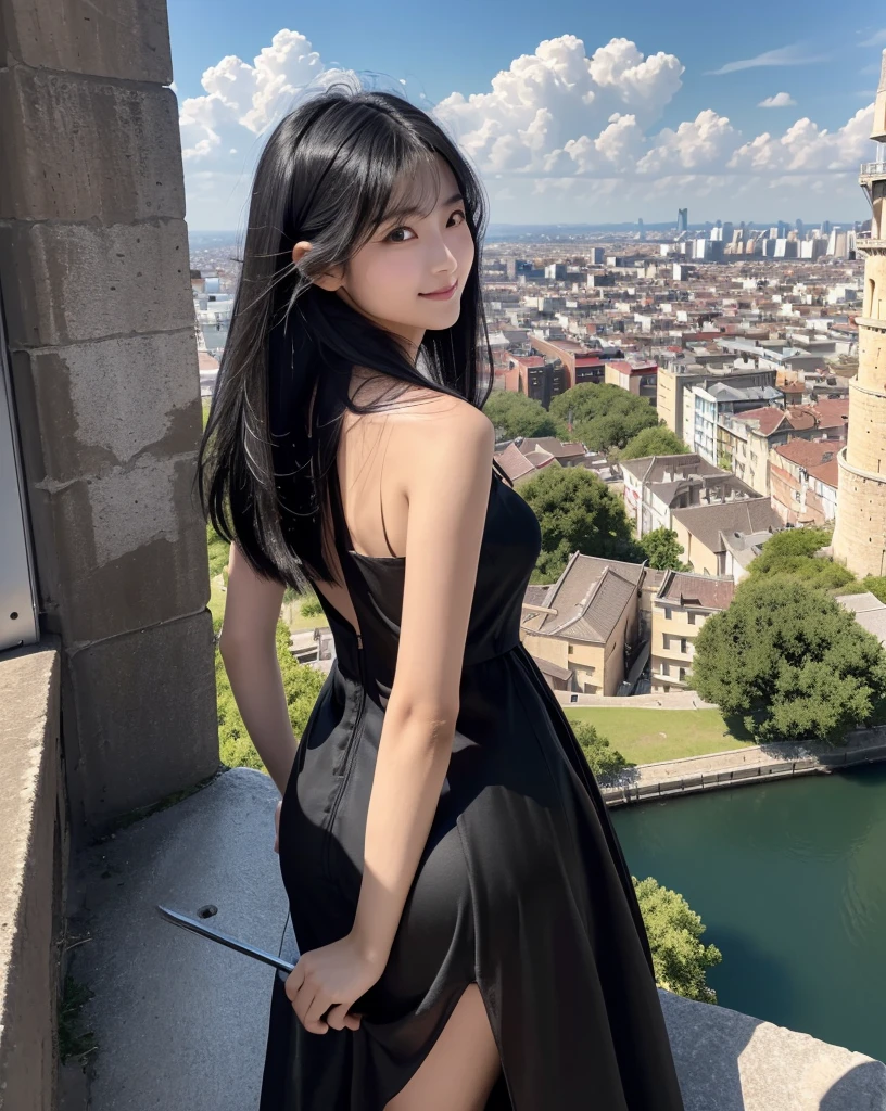 (Highest quality, 32k, High resolution, Masterpiece:1.5, ), marimo_jet, Overlooking the vast landscape, Evoking a sense of calm and elusive beauty, Expressing emotions, Have a rich imagination,Beautiful Japanese Girls, An exceptionally beautiful face, ((Photographed from behind at an angle:1.4)), Small Face Beauty, Perfect Human Anatomy, Magical big eyes, Motherhood and generosity, Deep Love, A profile of a fleeting smile, ((Shiny black hair:1.4)), Super long straight silk hair swaying in the wind, Asymmetrical bangs, Hair between the eyes, Transparent, soft white skin, Sharp eyebrows, Thin lashes, Natural Makeup, Cheek highlighter, Pale pink detailed lips, ((Black dress:1.3)), Slim figure with ample breasts, High resolutionの美しい太もも, ((Looking out over the big city from the top of a tower:1.6)), ((Detailed blue sky and clouds in summer:1.2)), ((Distant Horizon:1.3)), Professional Lighting, Professional photographer, Professional models, mysterious