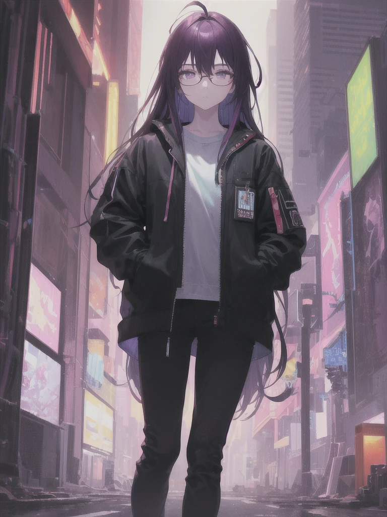 ((masterpiece)), (best quality), ((highres)), 4K, Detailed, (Ambient Light, Digital Art, Soft Lighting, extremely detailed 8K wallpaper:1.2), BREAK 1girl, solo, pale skin, violet eyes, violet hair, ahoge, (absurdly long hair:1.1), flat chest, cyberpunk scenery, jacket, pants, shirt, night, hand in pocket, looking at viewer, hair between eyes, expressionless, rtx, neon light, round glasses
