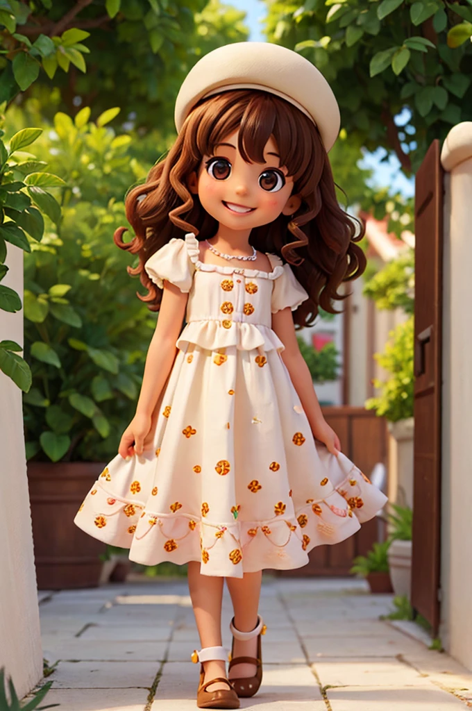 4 year old girl, shoulder length curly hair, brown, olhos brown e brilhantes, happy and smiling, very smart.