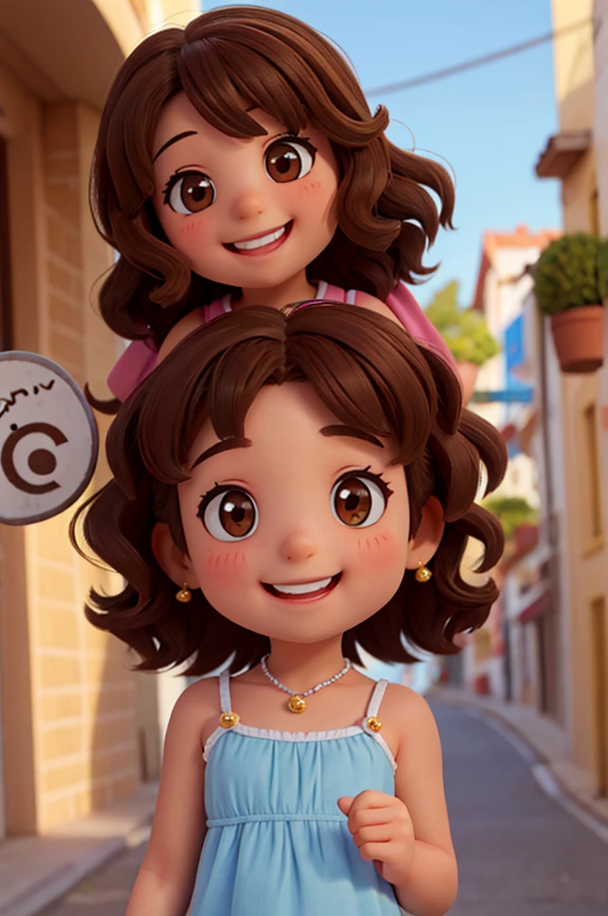 4  girl, shoulder length curly hair, brown, olhos brown e brilhantes, happy and smiling, very smart. 