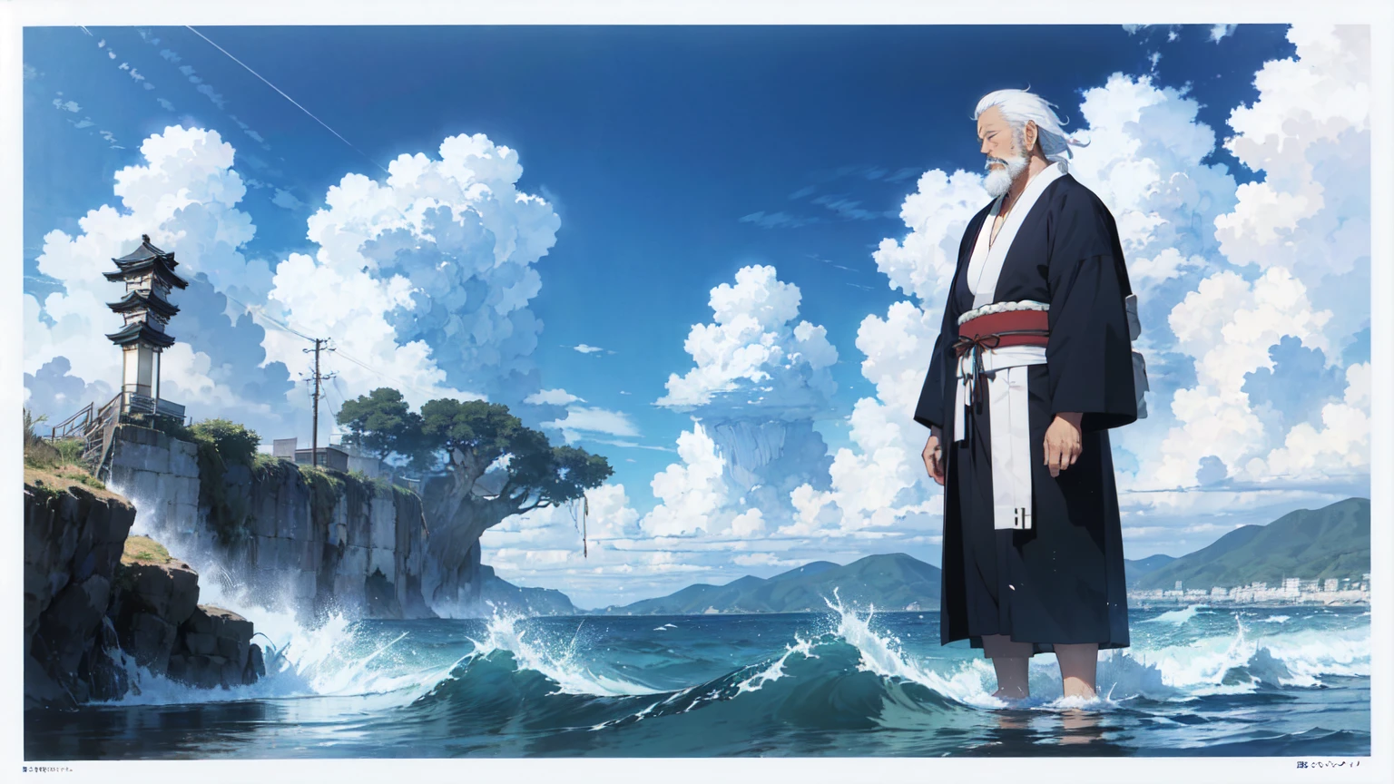 blue ocean, (Japanese old vagabond, white beard, white hair, old Japanese cloth:1.4), closed eyes, standing on sea, full body, panorama view, magnificent view, absurdres, 8k, white detailed clouds, wave