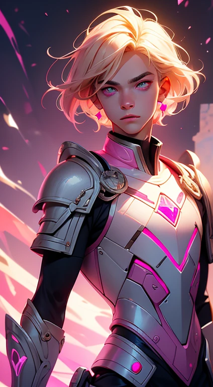 20 year old boy, pink eyes, belos pink eyes, short light blonde hair, pink lips, smooth skin, wears magic academy uniform, very majestic, better quality of work, pixel richness, best image, ultra details, ​masterpiece