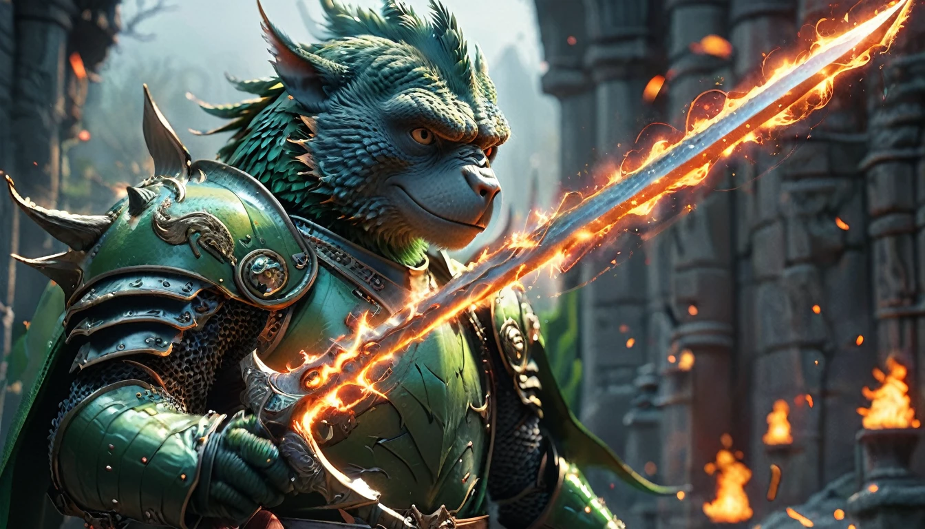 ((four characters)), (cat knight, black armor, holding a sword surrounded by flames), (monkey martial artist, striking a fighting pose with lightning fists), (bush dog samurai, black armor, holding a Japanese sword in each hand), (green parrot wizard, wizard's hat and robe, wand in each hand, with a purple magic circle coming out of the tip of his wand). ), in dungeon, twilight, 4K, 3dcg, sparks flying, high resolution, masterpiece, high quality, super detailed, ultra detailed, ultra realistic, fantasy world, dragon quest like world, medieval european world, drone with top angle, 3d fluffy, cute big round reflective eyes, Pixar rendering, Unreal Cinematic Smooth Engine, elaborate detail, Unreal