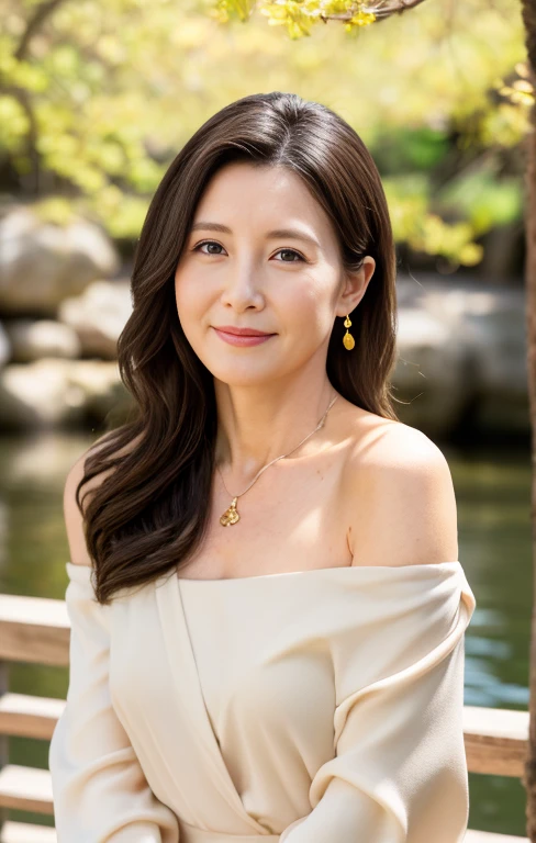 Professional, High level of detail, close up photo (attractive mature 45yo woman:1.3), long black hair,(red long dress, off shoulder, wearing robe)1.455, ray tracing, natural lighting, (seductive:1.1), (blushing:1.1 ), (classy, elegant, dandy)1.2, (pokies)1.3, (toned body, hourglass body shape) (wipe hips), (full body with visible face and eyes)1.5, glasses, earnings, sakura forest, river, standing, shy smile, golden necklace