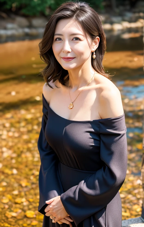 Professional, High level of detail, close up photo (attractive mature 45yo woman:1.3), long black hair,(red long dress, off shoulder, wearing robe)1.455, ray tracing, natural lighting, (seductive:1.1), (blushing:1.1 ), (classy, elegant, dandy)1.2, (pokies)1.3, (toned body, hourglass body shape) (wipe hips), (full body with visible face and eyes)1.5, glasses, earnings, sakura forest, river, standing, shy smile, golden necklace