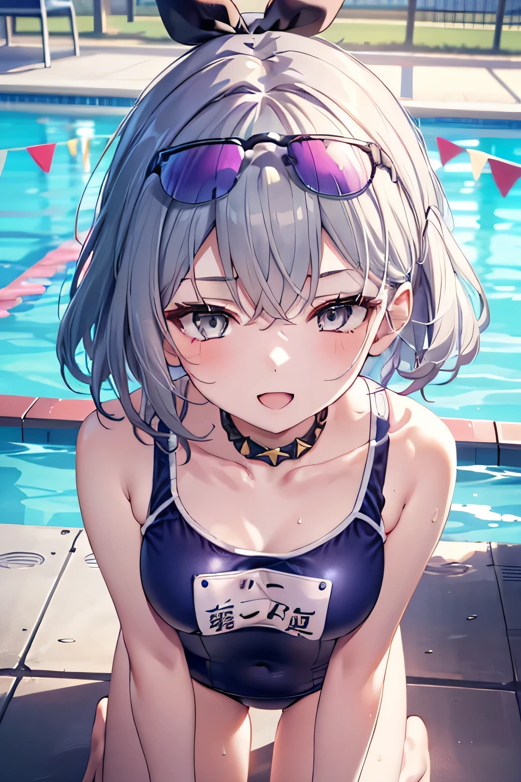 1girl , (silver wolf,ginrou), bangs, (Silver Hair,Grey Eyes,Sunglasses on head),happy smile, smile, Open your mouth,((nsfw,full,School Swimsuit、School swimsuit)),Real Summer,Daytime,sunny,My hair is blowing in the wind,whole bodyがイラストに入るように,Slender body,
Destroy outdoors, School,Pool,
壊す looking at viewer,Beautiful breasts,On all fours,Medium chest,whole body,Breaking the angle from above (masterpiece:1.2), Highest quality, High resolution, unity 8k wallpaper, (shape:0.8), (Beautiful details:1.6), Highly detailed face, Perfect lighting, Extremely detailed CG, (Perfect hands, Perfect Anatomy), 