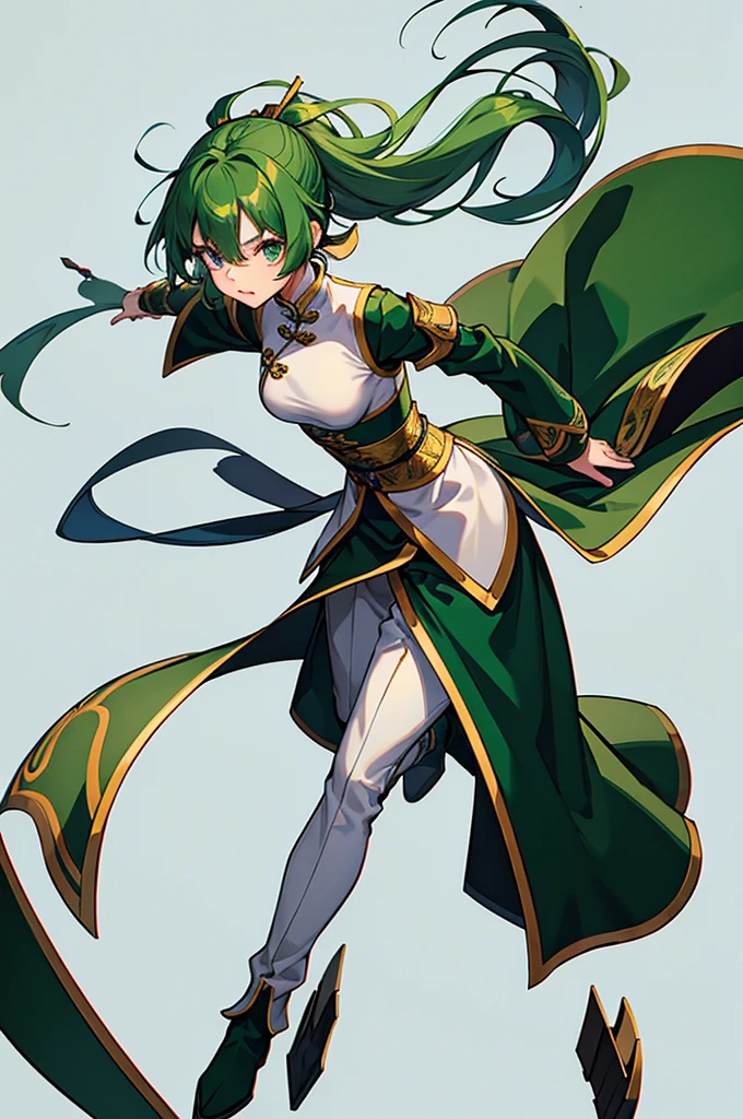 Green Hair、Shortcuts、Small breasts、standing、full body、Fighter、male、Uniform、Chinese Knight Costume、White background、pants、No exposure、China dress