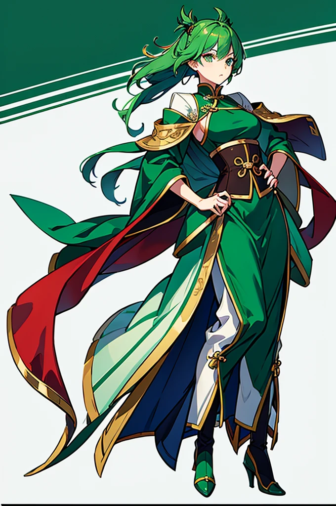 Green Hair、Her hair is short、Small breasts、standing、full body、Fighter、male、Uniform、Chinese Knight、Chinese style、White background、No exposure、China dress、pants、band