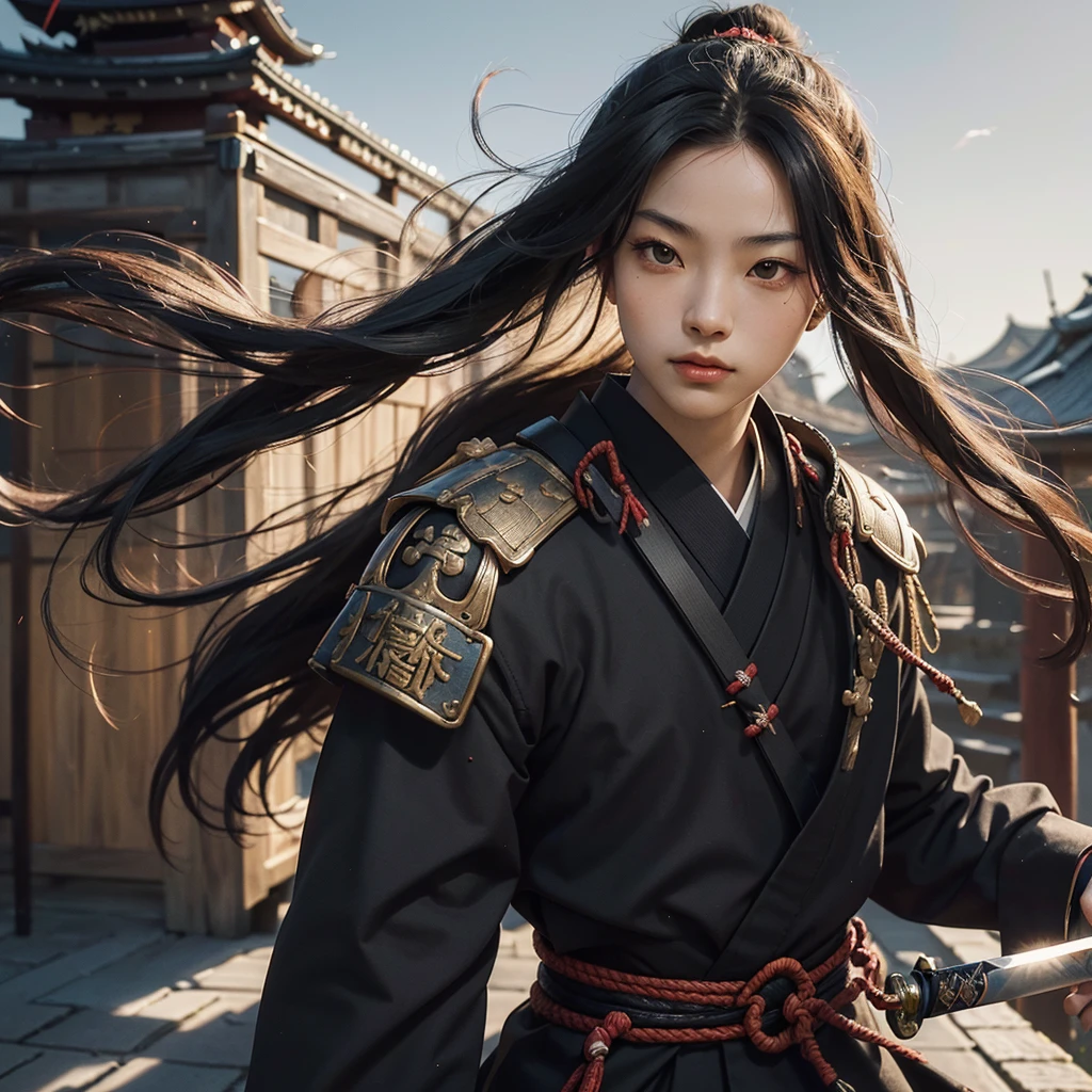 Samurai Suit: May include traditional Japanese armor (yoroi) made of metal, ties and fabrics, usually ornamented and adapted to reflect the culture and origin of the black samurai.canons: Can hold weapons like katana (japanese sword), Wakizashi (short sword), or other traditional Japanese weapons, adorned in a way that matches the aesthetics and history of the black samurai.Physiognomy and Appearance: Facial features that reflect African ancestry, like skin color, eye shape, nose and hair, combined with typical traits of a samurai warrior.historical context: The image may be set in a historical Japanese setting, like battlefields, castles, or during specific periods in Japanese history, such as the Edo period or earlier periods.Symbolism and Meaning: The representation may have a broader symbolic meaning, highlighting cultural diversity, the union of different warrior traditions, or the subversion of common cultural expectations.artistic style: Can range from realistic to stylized, depending on the creator's artistic interpretation, with colors, lines and shadows that emphasize the strength and discipline associated with samurai.
