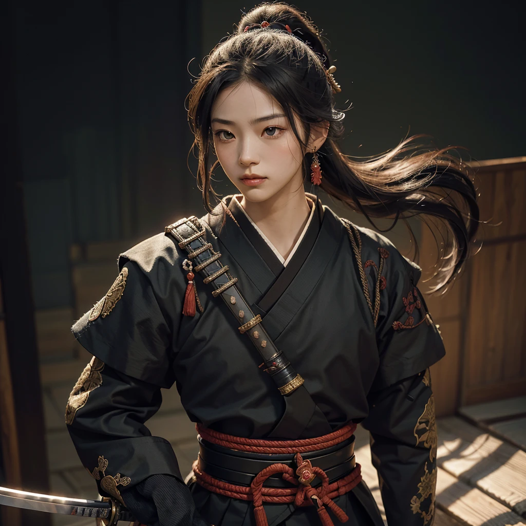 Samurai Suit: May include traditional Japanese armor (yoroi) made of metal, ties and fabrics, usually ornamented and adapted to reflect the culture and origin of the black samurai.canons: Can hold weapons like katana (japanese sword), Wakizashi (short sword), or other traditional Japanese weapons, adorned in a way that matches the aesthetics and history of the black samurai.Physiognomy and Appearance: Facial features that reflect African ancestry, like skin color, eye shape, nose and hair, combined with typical traits of a samurai warrior.historical context: The image may be set in a historical Japanese setting, like battlefields, castles, or during specific periods in Japanese history, such as the Edo period or earlier periods.Symbolism and Meaning: The representation may have a broader symbolic meaning, highlighting cultural diversity, the union of different warrior traditions, or the subversion of common cultural expectations.artistic style: Can range from realistic to stylized, depending on the creator&#39;s artistic interpretation, with colors, lines and shadows that emphasize the strength and discipline associated with samurai.