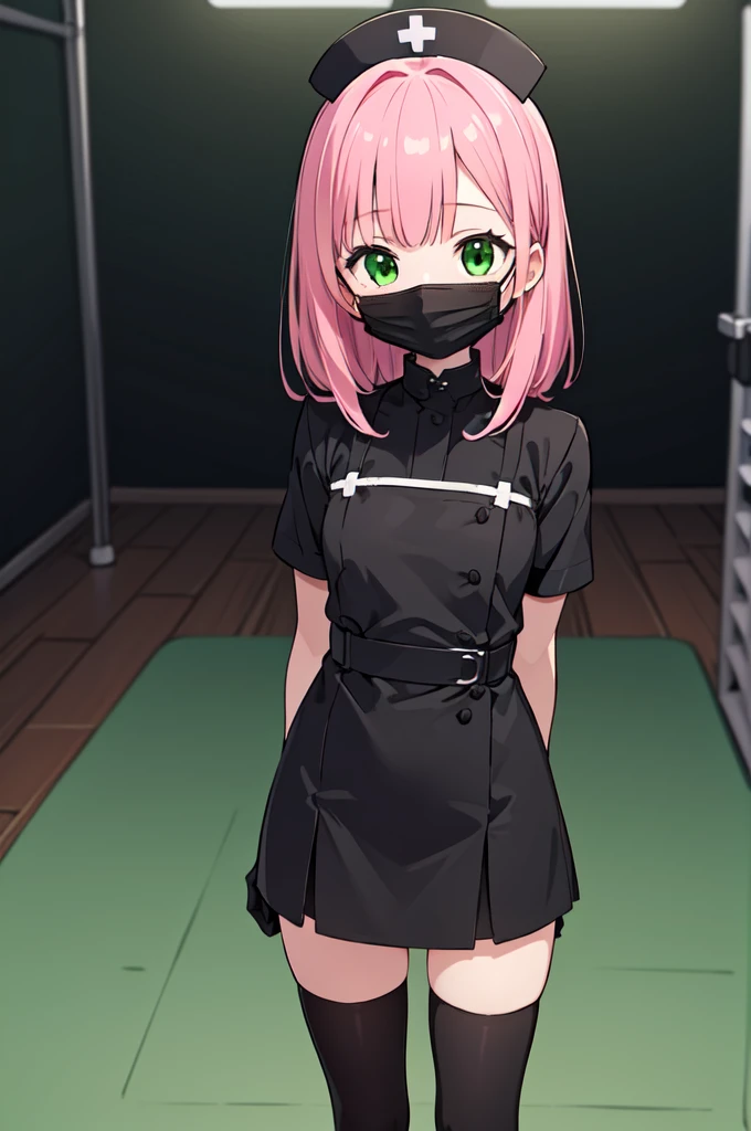 black nurse, 1girl, solo, black nurse cap, black nurse uniform, ((black legwear, zettai ryouiki)), black elbow gloves, pink hair, green eyes, drooping eyes, ((black surgical mask, covered nose)), standing, ((surgery room)), sharp outline, short sleeves, best quality, masterpiece