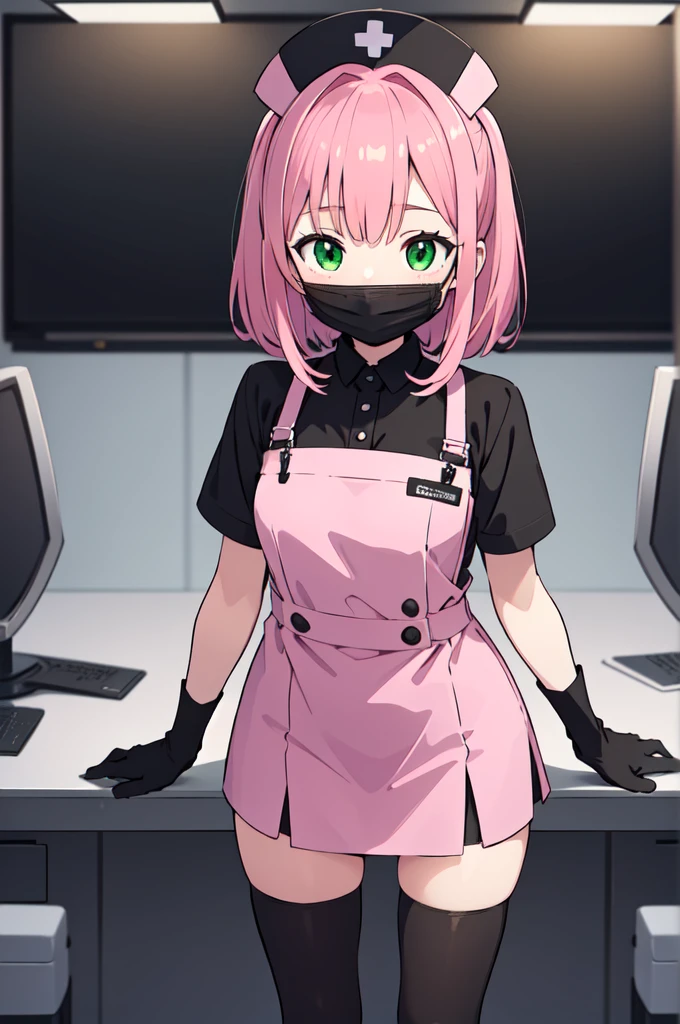 black nurse, 1girl, solo, black nurse cap, black nurse uniform, ((black legwear, zettai ryouiki)), black elbow gloves, pink hair, green eyes, drooping eyes, ((black surgical mask, covered nose)), standing, ((surgery room)), sharp outline, short sleeves, best quality, masterpiece