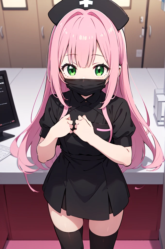 black nurse, 1girl, solo, black nurse cap, black nurse uniform, ((black legwear, zettai ryouiki)), black elbow gloves, pink hair, green eyes, drooping eyes, ((black surgical mask, covered nose)), standing, ((surgery room)), sharp outline, short sleeves, best quality, masterpiece