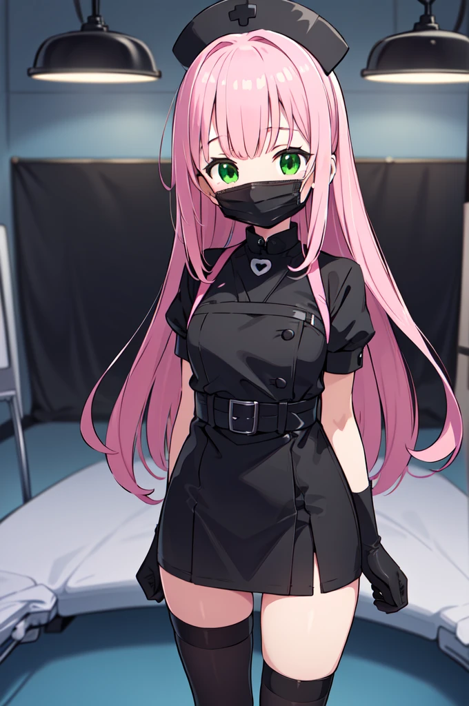 black nurse, 1girl, solo, black nurse cap, black nurse uniform, ((black legwear, zettai ryouiki)), black elbow gloves, pink hair, green eyes, drooping eyes, ((black surgical mask, covered nose)), standing, ((surgery room)), sharp outline, short sleeves, best quality, masterpiece