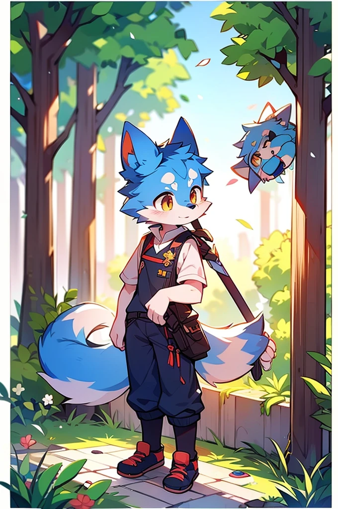 Blue fur, Canine, fox motif, boy, uniform,Tall，Estrus，Cute face，