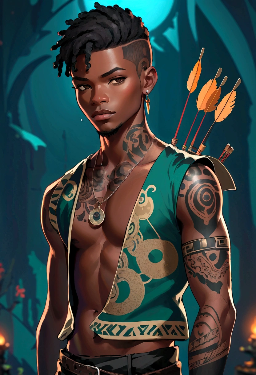 Anime style, African archer boy, whole body:1.2, Wearing an African vest jacket, Black pants, In a dark environment with high contrast. Multiple tattoos on arms