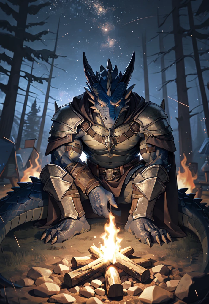 solo, kemono, (dragon), anthro, male, ((black body)), scales, tail, muscles, handsome, armor, medieval, fantasy, outdoors, outside, dark, night, forest, campfire, camp, stars, sitting, toe claws, epic, depth of field, perfect lighting, (light particles),(best quality),(masterpiece),(ultra detailed),sharp focus,light particles