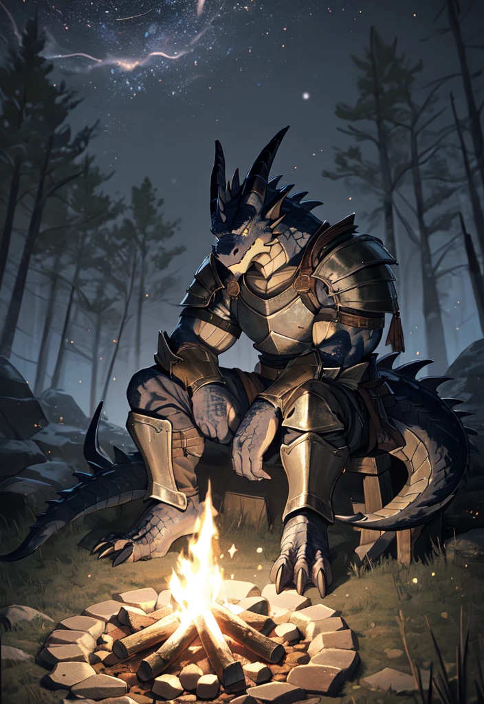 solo, kemono, (dragon), anthro, male, ((black body)), scales, tail, muscles, handsome, armor, medieval, fantasy, outdoors, outside, dark, night, forest, campfire, camp, stars, sitting, toe claws, epic, depth of field, perfect lighting, (light particles),(best quality),(masterpiece),(ultra detailed),sharp focus,light particles