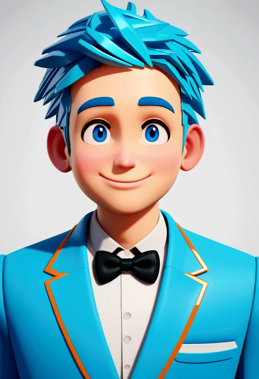 cute, marculine. Illustration of smiling 20 year old man, Light-skinned young man with a smile and in a blue suit, smiling happily at the camera, cheeky smile, smiling young man, headshot profile picture, drawing in 3D Art style, C4D, pure white color background, Disney  style, pixar style render illustration Super Detail, 8K