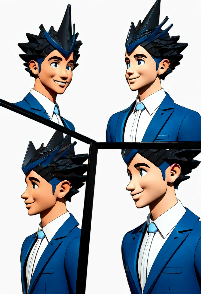 cute, marculine. Illustration of smiling 20 year old man, Light-skinned young man with a smile and in a blue suit, smiling happily at the camera, cheeky smile, smiling young man, headshot profile picture, drawing in 3D Art style, C4D, pure white color background, Disney style, pixar style render illustration Super Detail, 8K