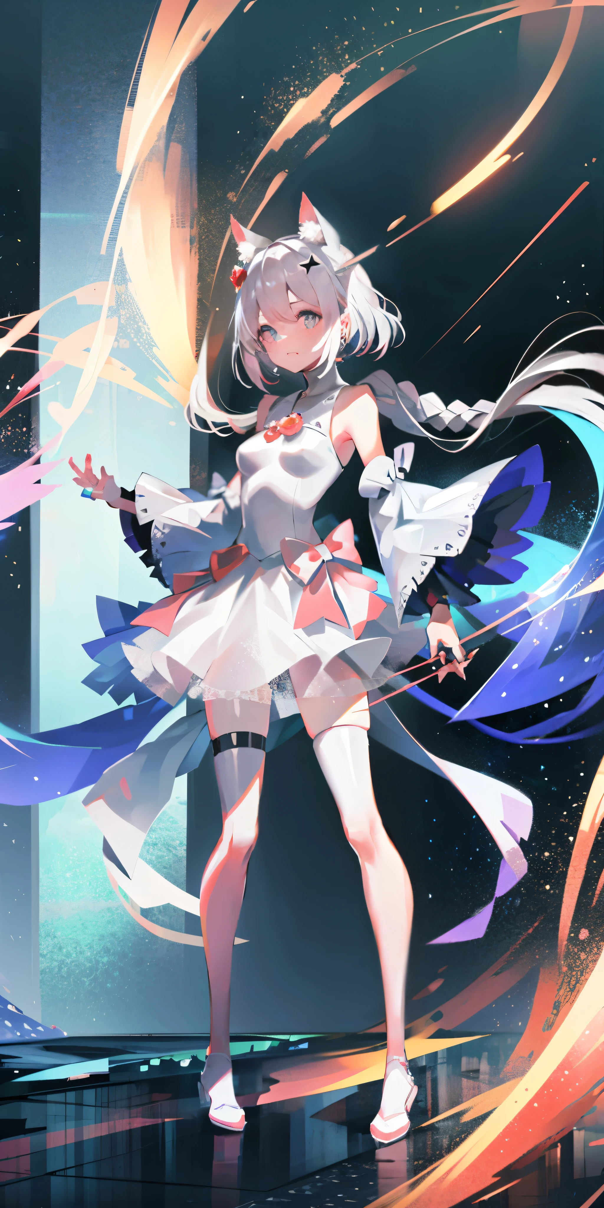 young woman,(snow-white hair),(Two cat ears),Light pink princess dress with cherry blossom,Her soft hair was braided into two small braids.,Wrapped around the back of the head,There is also a hair decoration in the form of a bow.。The tender and beautiful face is completely naked.,Only sparse bangs on his forehead covered him..。