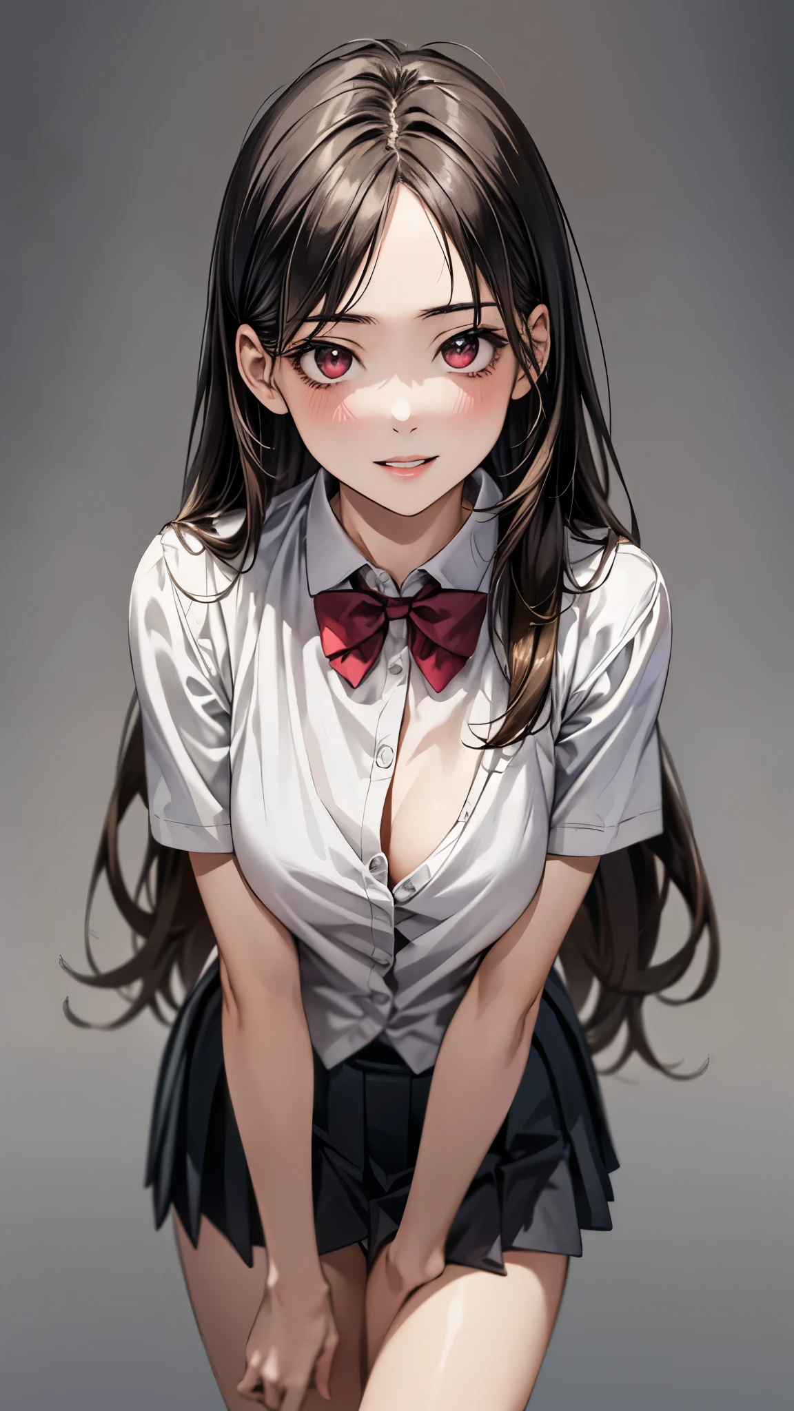 (masterpiece:1.3, top-quality, ultra high res, ultra detailed), (realistic, photorealistic:1.4), beautiful illustration, perfect lighting, natural lighting, colorful, depth of fields, surrealism,
beautiful detailed hair, beautiful detailed face, beautiful detailed eyes, beautiful clavicle, beautiful body, beautiful chest, beautiful thigh, beautiful legs, beautiful fingers, shiny skin,
looking at viewer, 1 girl, japanese, high school girl, (perfect anatomy, anatomically correct, super detailed skin), cute and symmetrical face, babyface, perfect face, perfect eyes,
(long hair, straight hair, brown hair), parted bangs, maroon eyes, big eyes, long eyelashes, (medium breasts, seductive thighs), slender, outstanding style,
((detailed cloth texture, break,break, white collared shirt, break,break, light brown knit vest, break,break, grey pleated skirt, break,break, red bow tie), break,break, white socks, black loafer),
(beautiful scenery), evening, (park), standing, leaning forward, (arms behind back), (lovely smile, parted lips),