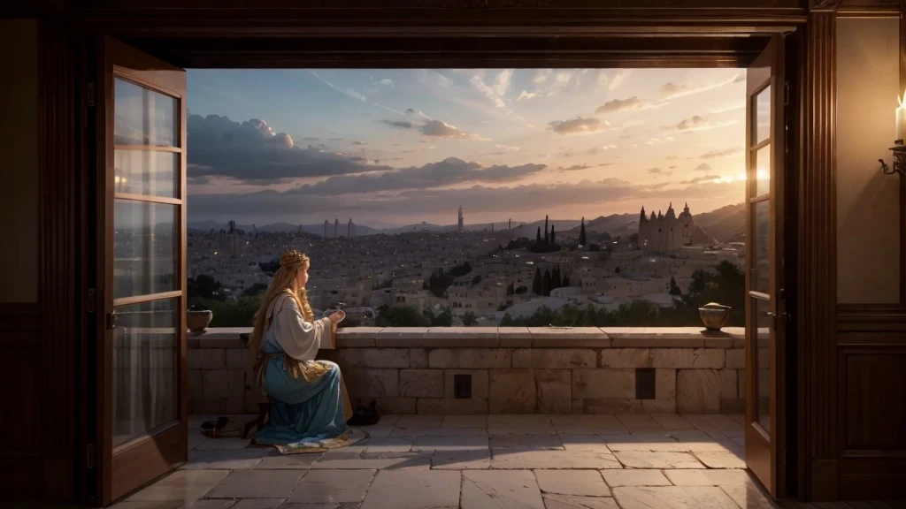 Ultrarealistic scene depicting King David gazing at Bathsheba from the terrace of his palace. The ancient city of Jerusalem is shown at dusk, with David dressed in royal robes, displaying an expression of contemplation. The image is rendered in vivid color and high detail to meet the specifications of a photograph taken by a Panasonic Lumix G Leica DG Nocticron 42.5 mm f/1.2 lens. The scene aims to achieve photorealism, with an epic composition, depth of field, and hyper-detail. Designed for editorial photography, the image features super-resolution 16k, UHD, HDR qualities. Conceptual art, soft, intricate, photorealistic, 16k UHD image, surreal atmosphere."