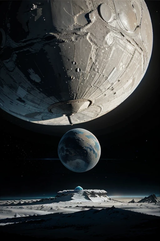 Close UP of an immense spaceship, In the background a gigantic, huge frozen and white planet in the universe.