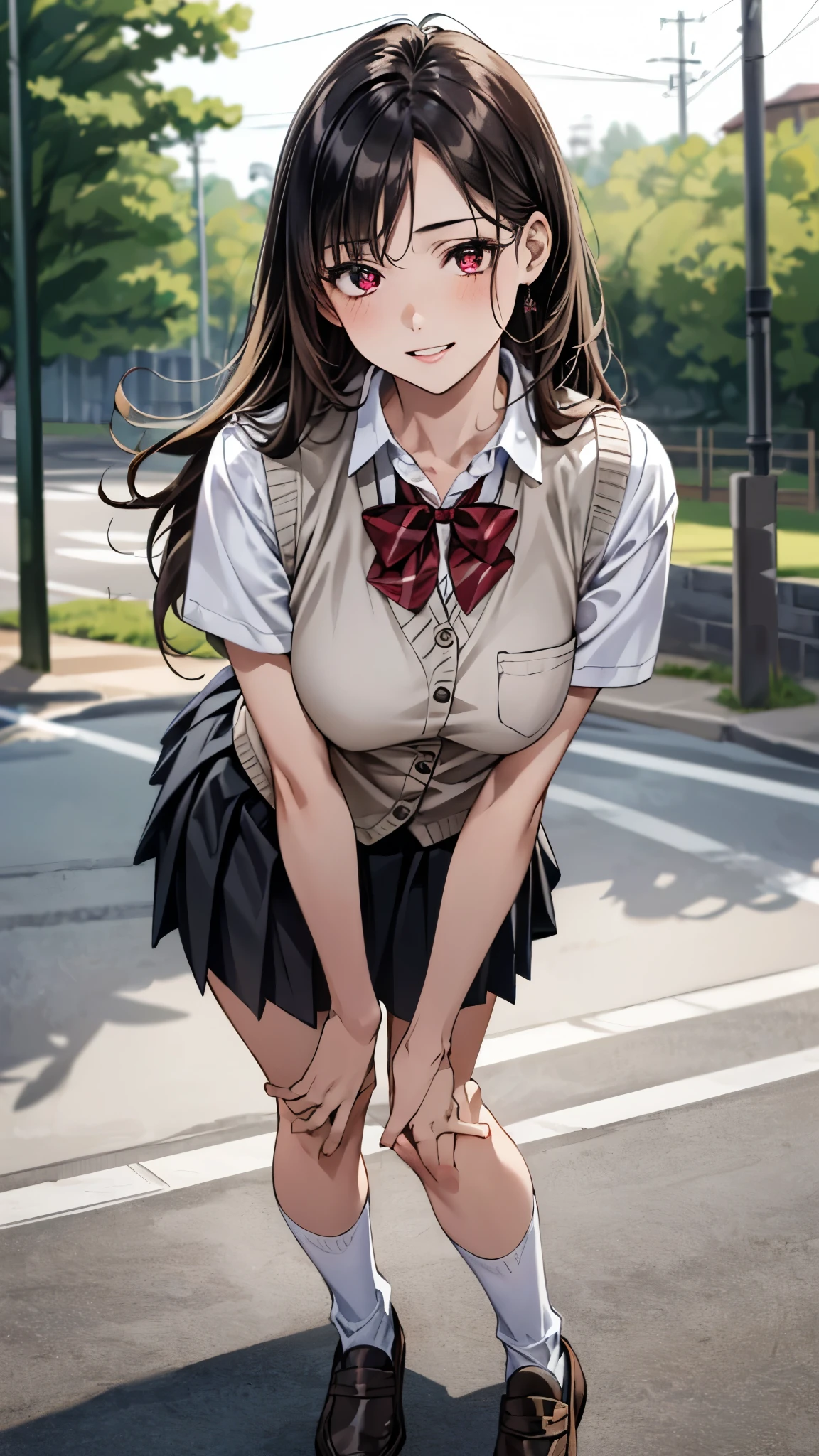 top-quality、(masterpiece:1.2)、ighly detailed、outside of house、a park、城市、natta、 1girl in、独奏、Sayu Ogiwara、 looking at viewerer、Medium chest、slight smile、Keep your mouth shut、(running in the park:1.2)、 Brown-eyed、brown haired、length hair、school outfit、 (Black panties:1.3)、(Skirt that rolls up:1.3)、(Fully exposed panties:1.5)、(Black bra)、My shirt comes off and I can see my bra、Sheer shirt