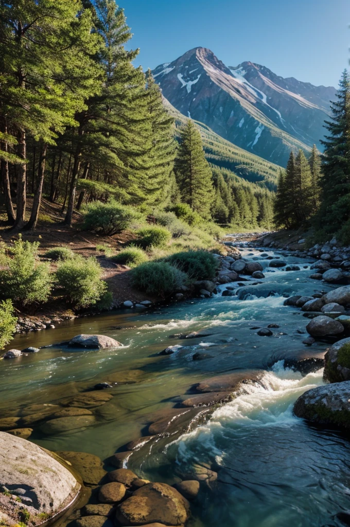 A serene mountain landscape with a river running through it.