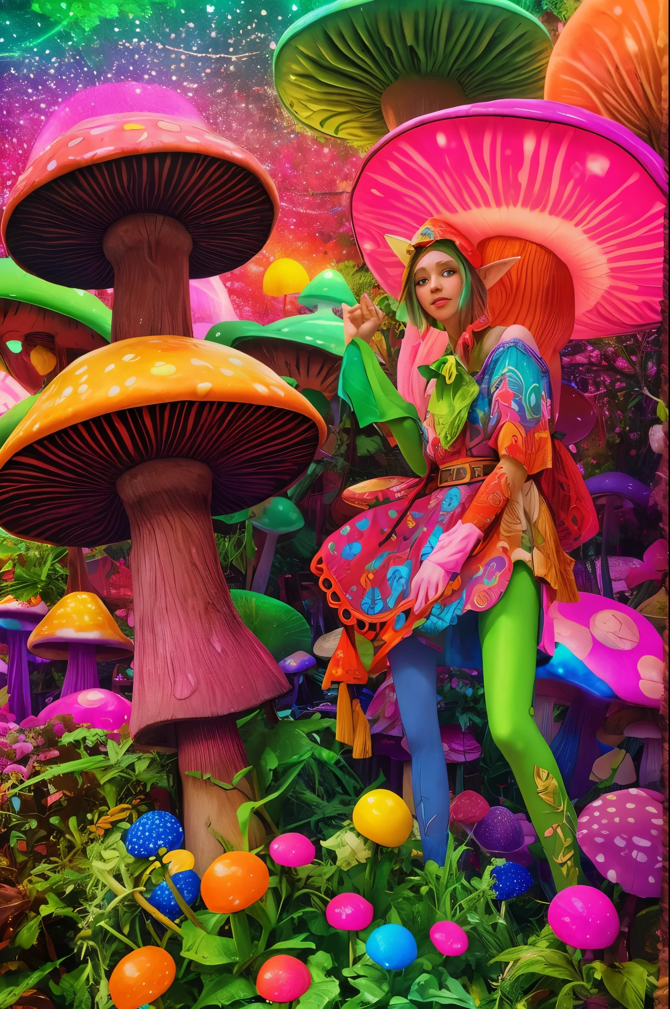 A mischievous elf wearing a large, colorful mushroom hat with glowing details, standing in a neon-lit garden, 70s psychedelic style, synthwave vibe
