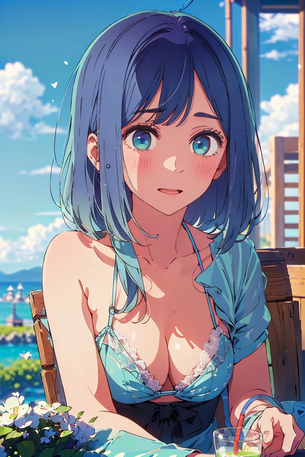 (Highest quality:1.4、masterpiece:1.4、Super detailed:1.4、8K:1.4)、F cup bust、Big Breasts、Slim body、((((1 person、Surprised expression、sit、Chair、In the background are the urban buildings of Tokyo、looking at the camera、Outdoor café terrace、coastal、Navy hair color、juice、Shooting up close、table、Very cute face))))、(Pose of putting hair behind ears with hands:1.4、Cheek resting on hand:1.4）、((nude、Areola、Lace Bikini))、Very blue sky、A completely cloudless sky、Big eyes、((((Shallow depth of field))))