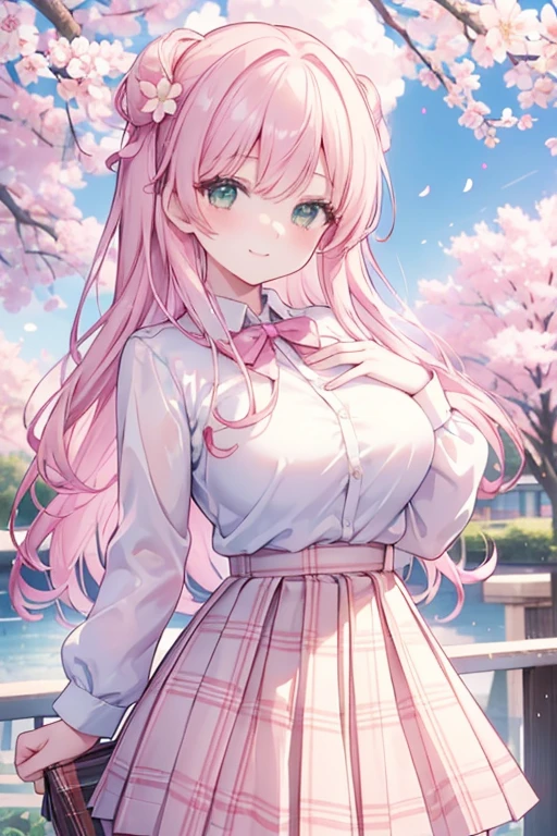 Show your chest,Kaori Hojo, girl, (masterpiece: 1.1), (highest quality: 1.1), upper body shirt, (white shirt: 1.1), (plaid skirt: 1.1), high waist skirt, rest [cherry blossom : pink , :0.5] theme, (Sakura tree background: 1.1), denim lens, break pink, long, green eyes, view, , long low, girl, big breasts, naughty smile