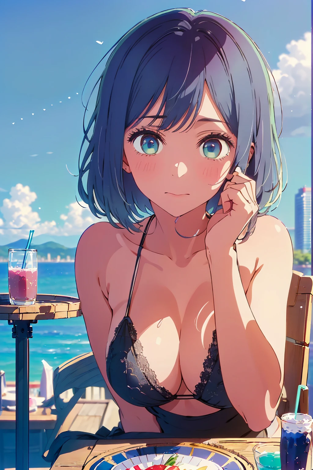 (Highest quality:1.4、masterpiece:1.4、Super detailed:1.4、8K:1.4)、F cup bust、Big Breasts、Slim body、((((1 person、Surprised expression、sit、Chair、In the background are the urban buildings of Tokyo、looking at the camera、Outdoor café terrace、coastal、Navy hair color、juice、Shooting up close、table、Very cute face))))、(Pose of putting hair behind ears with hands:1.4、Cheek resting on hand:1.4）、((nude、Areola、Lace Bikini))、Very blue sky、A completely cloudless sky、Big eyes、((((Shallow depth of field))))