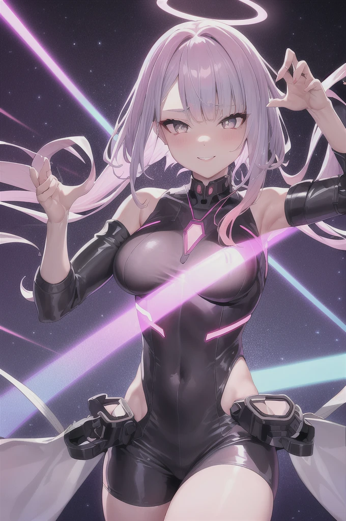 Tank top,
lucy \(cyberpunk\), 1girl, hair scrunchie, hime cut, silver hair, colored tips, full moon, grey eyes, jacket, long sleeves, looking at viewer, medium hair, multicolored hair, parted bangs, parted lips, pink hair, portrait, red eyeliner, red lips, solo, white jacket, cyberpunk \(series\), rainy night in a cyberpunk city with glowing neon lights
1 girl, Chinese_clothes, metallic black titanium and pink, cyberhan, cheongsam, cyberpunk city, dynamic pose, detailed luminescent headphones, luminous hair accessories, long hair, luminous earrings, glowing necklace, cyberpunk, high-tech city, full of mechanical and futuristic elements, futuristic, technology, glowing neon, pink, pink light, sexy skirt, translucent black cape, laser light, digital background urban sky, big moon, with vehicle, best quality, masterpiece, 8K, Character edge light, super high detail, high quality, the most beautiful woman in human beings, smile, face facing front and left and right symmetry, ear decoration, long antenna glow, beautiful pupils, light effects, visual data, silver-red-orange hair dyed hair, ultra-detailed face texture, happy, weapon system, crowded street passers-by, mecha style, overhead luminous antenna, back jet, girl sitting, ผู้หญิงผมบลอนด์มีปีกนางฟ้าและมงกุฎทองคำ, wearing นางฟ้ารัศมี, เทวทูต halo, นางฟ้ารัศมี, เทวทูต, นางฟ้าคู่บารมีเต็มตัว, เทวทูต golden armor, รัศมีสีทองอยู่ด้านหลังศีรษะของเธอ, wearing นางฟ้ารัศมี covered face, เทพีแห่งแสงสว่าง, เทวทูต light, ปีกสีทองบนหัว, เซราฟิม, เทวทูตal, ของนางฟ้าแสนสวย, นางฟ้าหญิงที่สวยงาม, Create an image featuring a main female character in detailed attire including clothing that suggests protection like armor or thick fabrics,