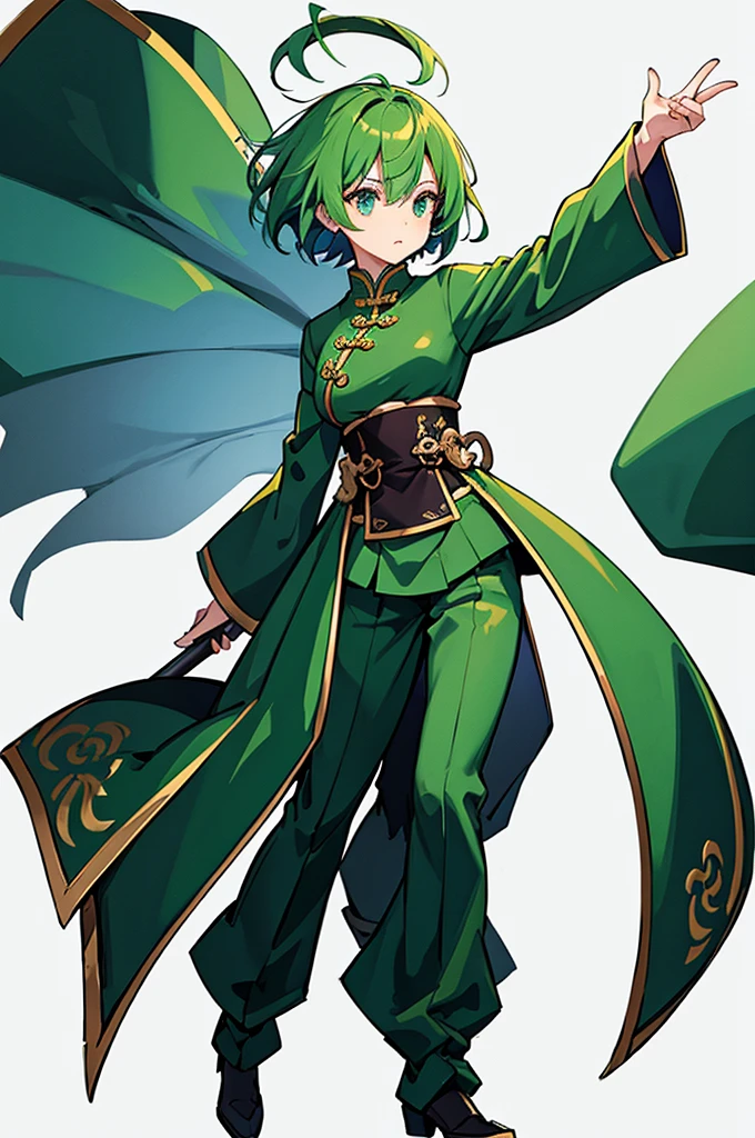 Green Hair、Her hair is short、Small breasts、standing、full body、Fighter、male、Uniform、Chinese Knight、Chinese style、White background、No exposure、China dress、pants、band、front