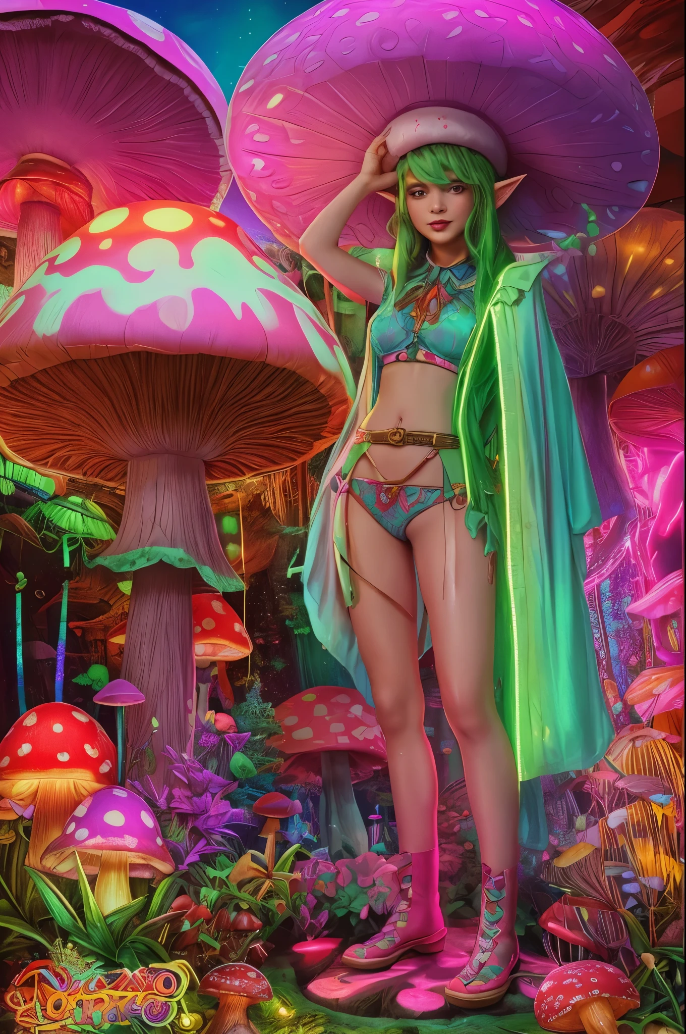 A mischievous elf wearing a large, colorful mushroom hat with glowing details, standing in a neon-lit garden, 70s psychedelic style, synthwave vibe