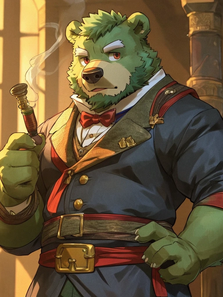 bara, furry, furry_male,male focus, solo, muscular male, (((green bear))), (((green fur))), green hair, red eyes, beard, white eyebrows, sherlock holmes costume, smoke a pipe, detective costume,
