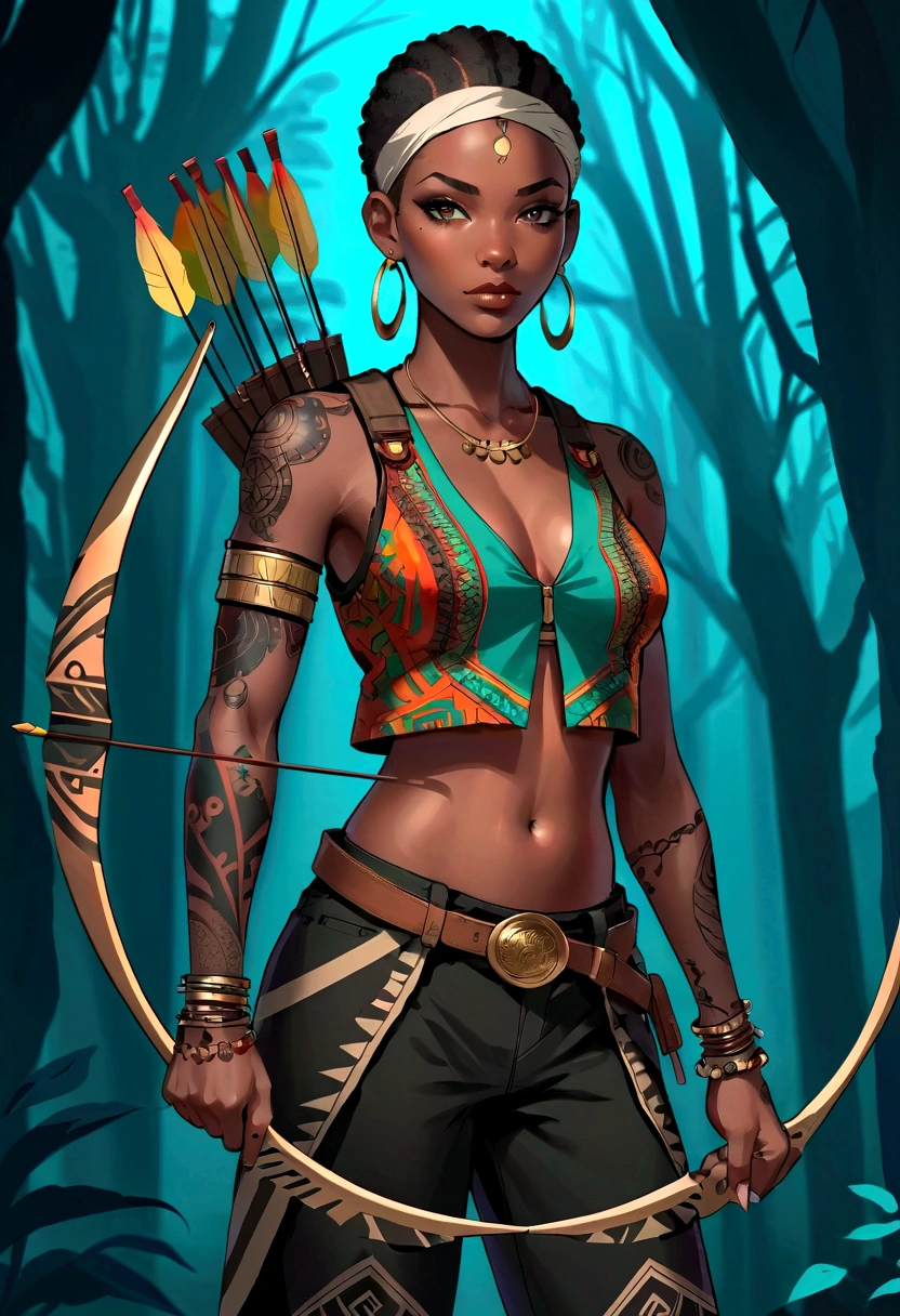 Anime style, African Archer Girl, whole body:1.2, Wearing an African vest jacket, Black pants, In a dark environment with high contrast. Multiple tattoos on arms