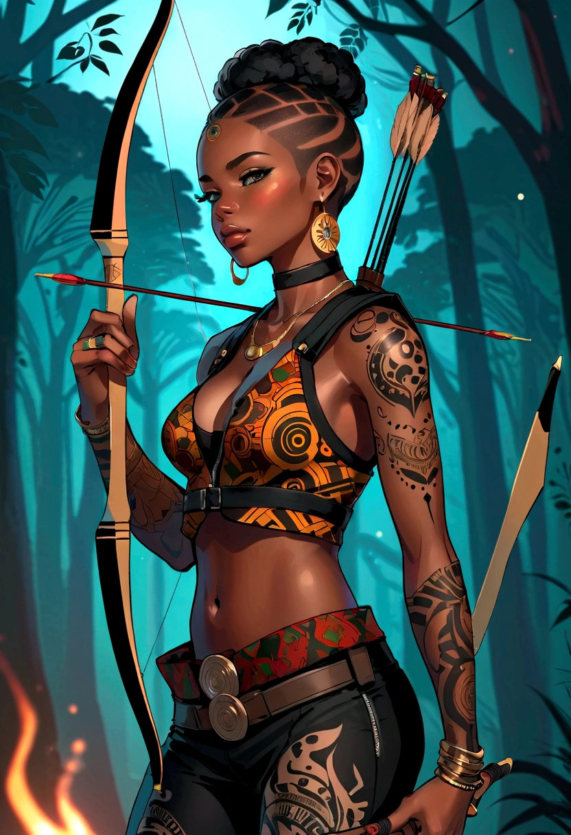 Anime style, African Archer Girl, whole body:1.2, Wearing an African vest jacket, Black pants, In a dark environment with high contrast. Multiple tattoos on arms
