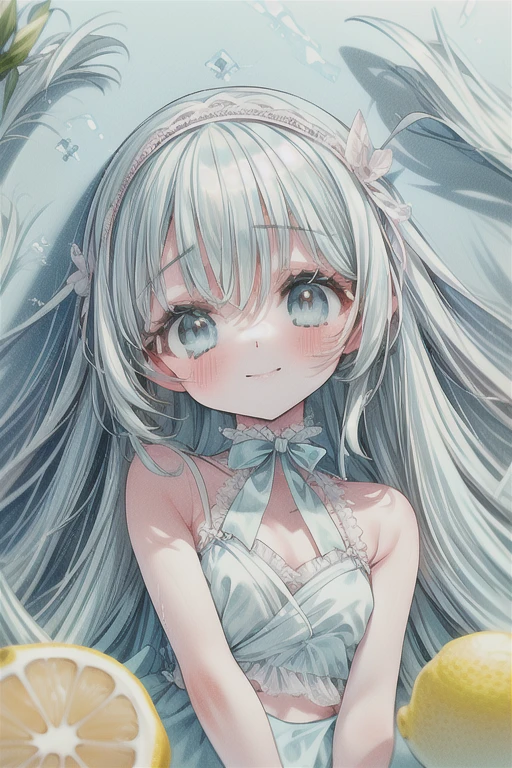 masterpiece, best quality, extremely detailed, (illustration, official art:1.1),adorable loli face、 1 girl ,(((( light blue long hair)))),pale blue hair,loli, long hair ((blush)) , cute face, big eyes, masterpiece, best quality,(((((a very delicate and beautiful girl))))),Amazing,beautiful detailed eyes,blunt bangs((((little delicate girl)))),tareme(true beautiful:1.2), sense of depth,dynamic angle,,,, affectionate smile, (true beautiful:1.2),,(tiny 1girl model:1.2),)flat chest、，(masterpiece:1.2), highest quality,pixiv, Sweet girl portrait, 1 girl, (((lemon, )))(masterpiece, best quality), 1girl, female eighteen,east asian, honey eyes,  flat nose,, 
 wearing  printed embroidered panties,  ribbon-tie halter top,   ,monocle 
, hands on cheeks, displaying surprise ,