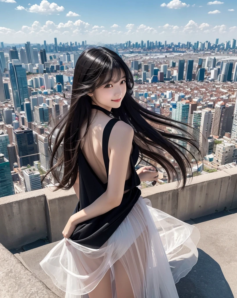 (Highest quality, 32k, High resolution, Masterpiece:1.5, ), marimo_jet, Overlooking the vast landscape, Evoking a sense of calm and elusive beauty, Expressing emotions, Have a rich imagination,Beautiful Japanese Girls, An exceptionally beautiful face, ((Photographed from behind at an angle:1.4)), Small Face Beauty, Perfect Human Anatomy, Magical big eyes, Motherhood and generosity, Deep Love, A profile of a fleeting smile, Shiny black hair, Super long straight silk hair swaying in the wind, Asymmetrical bangs, Hair between the eyes, Transparent, soft white skin, Sharp eyebrows, Thin lashes, Natural Makeup, Cheek highlighter, Pale pink detailed lips, ((Black dress:1.3)), Slim figure with ample breasts, High resolutionの美しい太もも, ((Standing on a ledge, gazing out at the vast metropolis:1.6)), ((Detailed blue sky and clouds in summer:1.2)), ((Distant Horizon:1.3)), Professional Lighting, Professional photographer, Professional models, mysterious