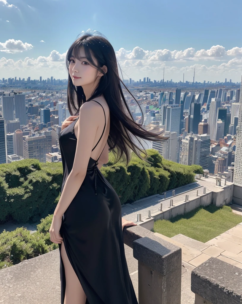 (Highest quality, 32k, High resolution, Masterpiece:1.5, ), marimo_jet, Overlooking the vast landscape, Evoking a sense of calm and elusive beauty, Expressing emotions, Have a rich imagination,Beautiful Japanese Girls, An exceptionally beautiful face, ((Photographed from behind at an angle:1.4)), Small Face Beauty, Perfect Human Anatomy, Magical big eyes, Motherhood and generosity, Deep Love, A profile of a fleeting smile, Shiny black hair, Super long straight silk hair swaying in the wind, Asymmetrical bangs, Hair between the eyes, Transparent, soft white skin, Sharp eyebrows, Thin lashes, Natural Makeup, Cheek highlighter, Pale pink detailed lips, ((Black dress:1.3)), Slim figure with ample breasts, High resolutionの美しい太もも, ((Standing on a ledge, gazing out at the vast metropolis:1.6)), ((Detailed blue sky and clouds in summer:1.2)), ((Distant Horizon:1.3)), Professional Lighting, Professional photographer, Professional models, mysterious