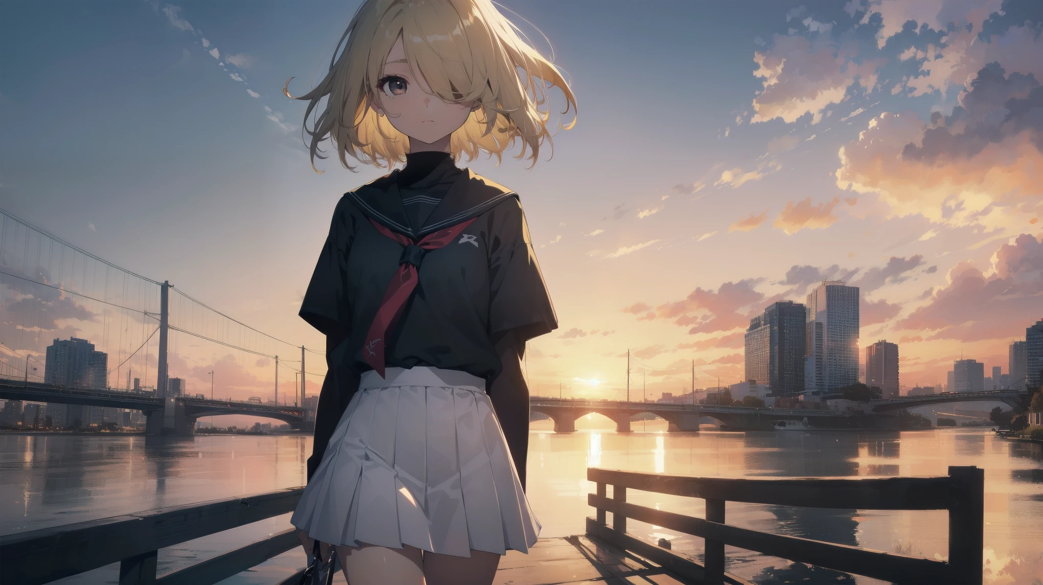 Highest quality, Anime Moe Art Style,Best Anime 8K Konachan Wallpaper,pixiv contest winners,Perfect Anatomy, (Please draw a girl walking sleepily to school...... ),break, 1 Girl, (alone,,,:1.3),high school student, short hair, amount, (Hair above one eye:1.7),All limbs, Full Finger,Medium Chest, Between the legs, Small eyes,accurate black eyes, Very detailed,High resolution,ultra high density skin, Professional Lighting,8K eye detail, (Cute illustrations:1.2),blonde,blonde hair,Expressionless,(Hair on one eye:1.5),Highest quality, Anime Moe Art Style,Best Anime 8K Konachan Wallpaper,pixiv contest winners,Very detailed,High resolution,ultra high density skin, Professional Lighting,8K eye detail, (Cute illustrations:1.2),blonde,blonde hair,Expressionless,(Hair on one eye:1.5),カラフルでカラフルなshort hair,Wearing a yellow apricot colored JK uniform and a white pleated skirt,knee-length white silk,Rin々New and cute,A little sweet