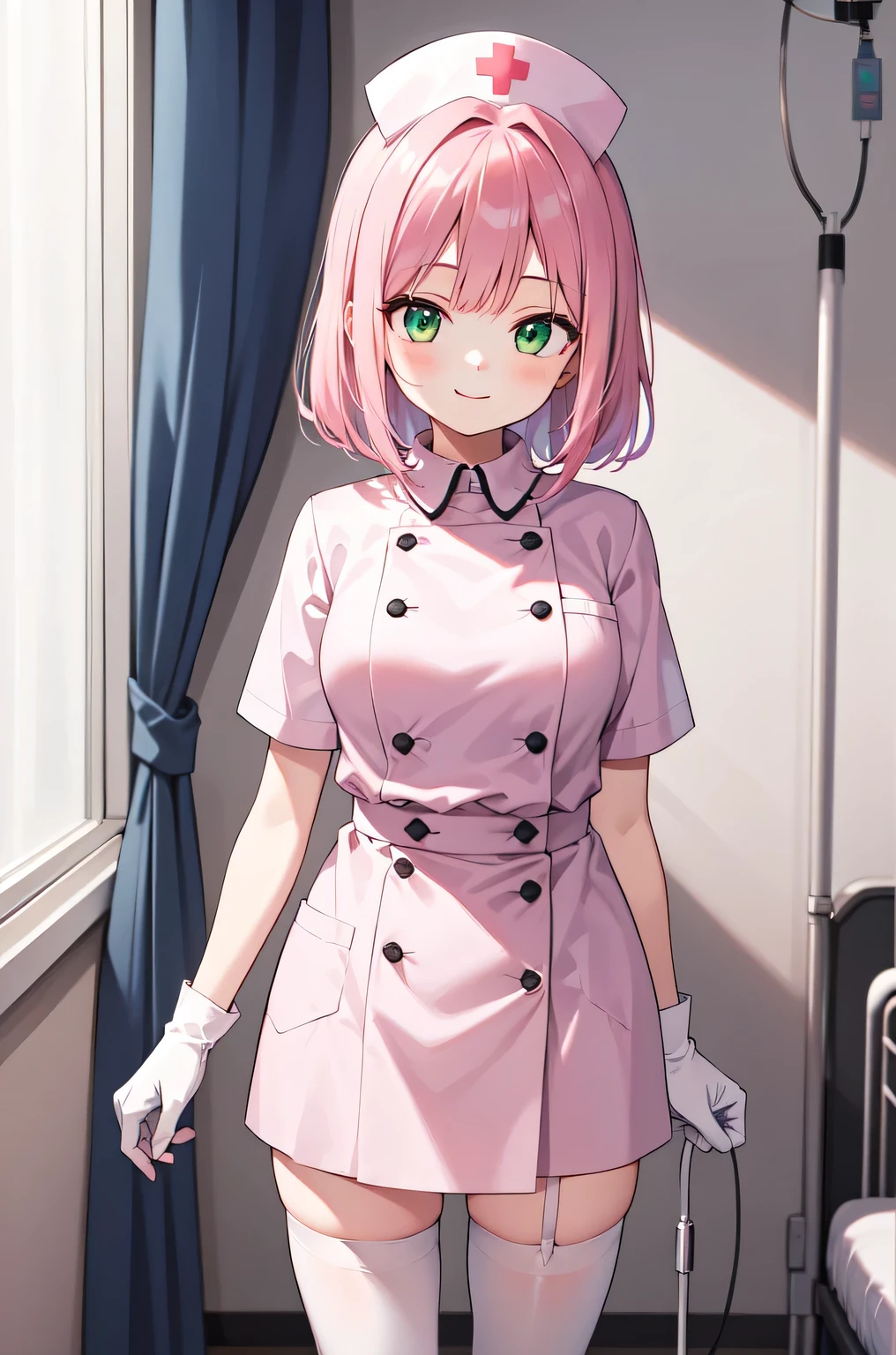 1girl, solo, nurse, white nurse cap, white nurse uniform, ((white legwear, zettai ryouiki)), white gloves, pink hair, green eyes, drooping eyes, smile, standing, ((hospital room)), sharp outline, short sleeves, best quality, masterpiece