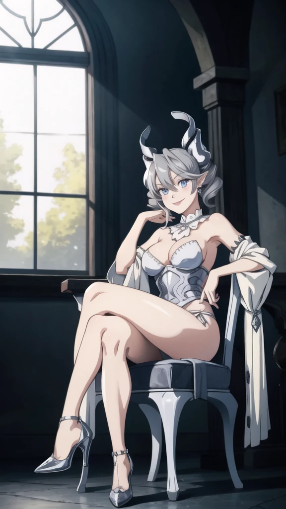 Outside castle top High level image quality best image quality 8K adult woman silver castle outside more colors whole body view portrait bikini horn ears short hair((shortcut)(gray hair)(perm)(fluffy)) eye color is blue , , attractive evil face , smile , y pose , labrynth , barearm , wearing white , sitting on chair , crossed legs, view heels , view side