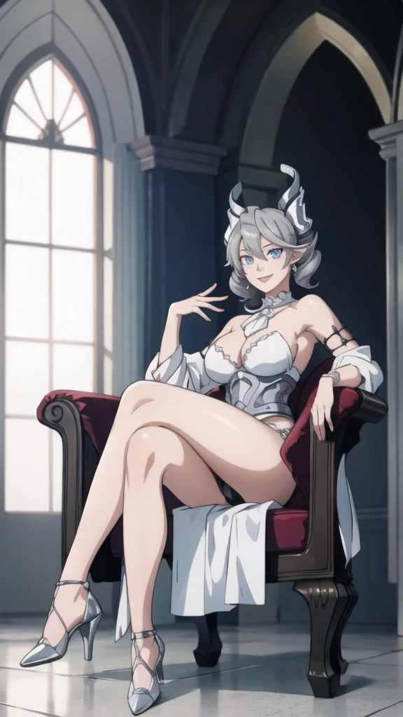 Outside castle top High level image quality best image quality 8K adult woman silver castle outside more colors whole body view portrait bikini horn ears short hair((shortcut)(gray hair)(perm)(fluffy)) eye color is blue , , attractive evil face , smile , sexy pose , labrynth , barearm , wearing white , sitting on chair , crossed legs, view heels , view side