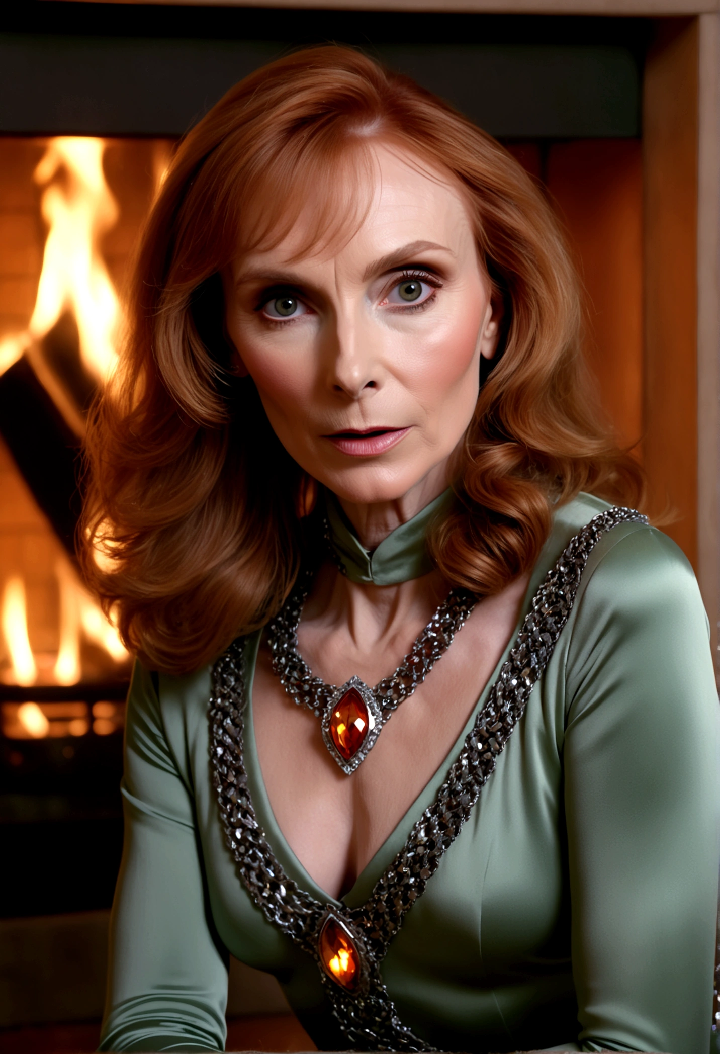 Gates McFadden (Crusher) a beautiful young woman (Gates McFadden (Crusher), age 25), nude wearing only some Christmas themed body jewelry on silver chains, her intimate areas fully exposed and very detailed, holding and caressing a very large Python by an old-fashioned fireplace with a roaring fire, spread legs her private areas fully exposed, Christmas scene (best quality, 4k, 8k, highres, masterpiece:1.2), ultra-detailed, (realistic, photorealistic, photo-realistic:1.37), HDR, UHD, studio lighting, ultra-fine painting, sharp focus, physically-based rendering, extreme detail description, professional, vivid colors, bokeh, portrait, figurative, intimate, sensual, cozy, Christmas, warm lighting, chiaroscuro (show her entire body, show all of her)
