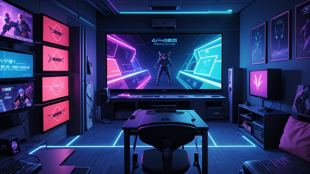 gaming room, neon lights, semi dark room , special effects, only screen and monitors, anime correctors photos in wall, realistic, ultra realistic, 4k image quality , best colour