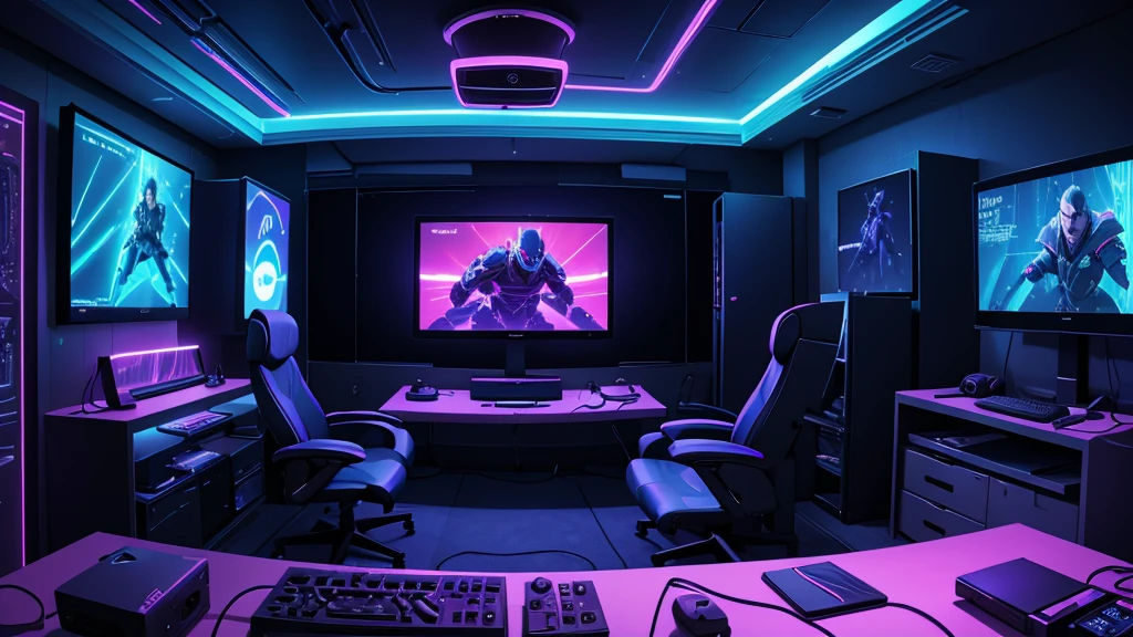 gaming room, neon lights, semi dark room , special effects, only screen and monitors, anime correctors photos in wall, realistic, ultra realistic, 4k image quality , best colour